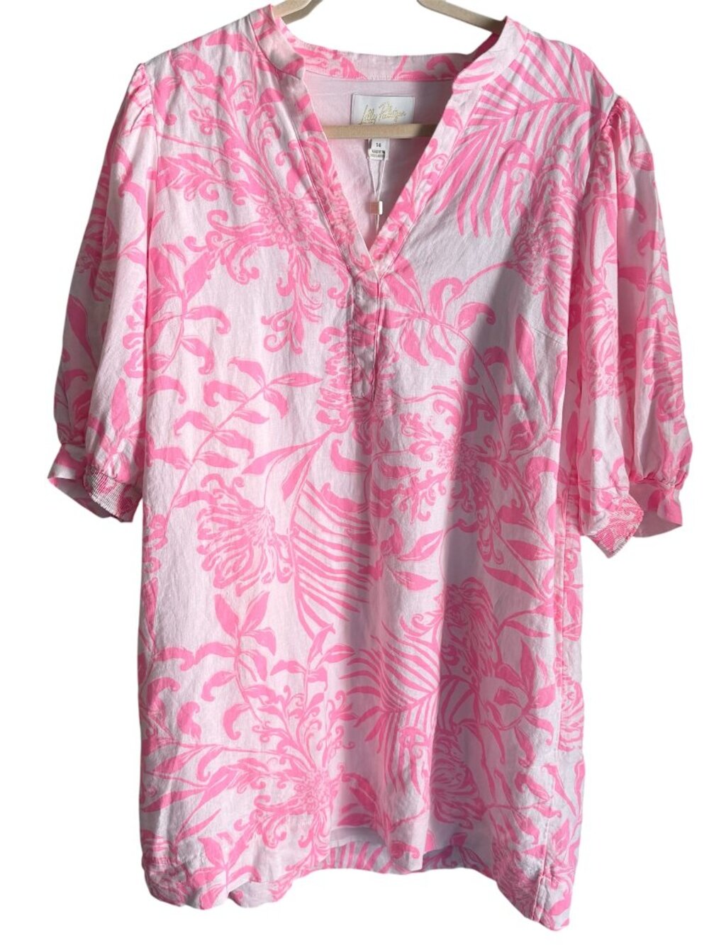 Lilly Pulitzer Mialeigh Linen Dress Elbow Sleeve Pink Floral Size 14 NWT $188